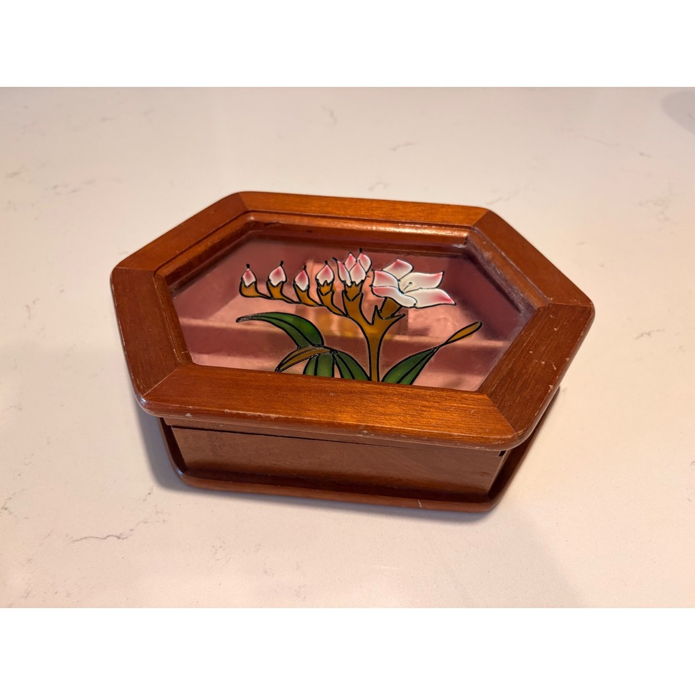 Vintage Mele Wood Jewelry Box Hexagon Stained Glass Flower Lid Pink Lining Boho